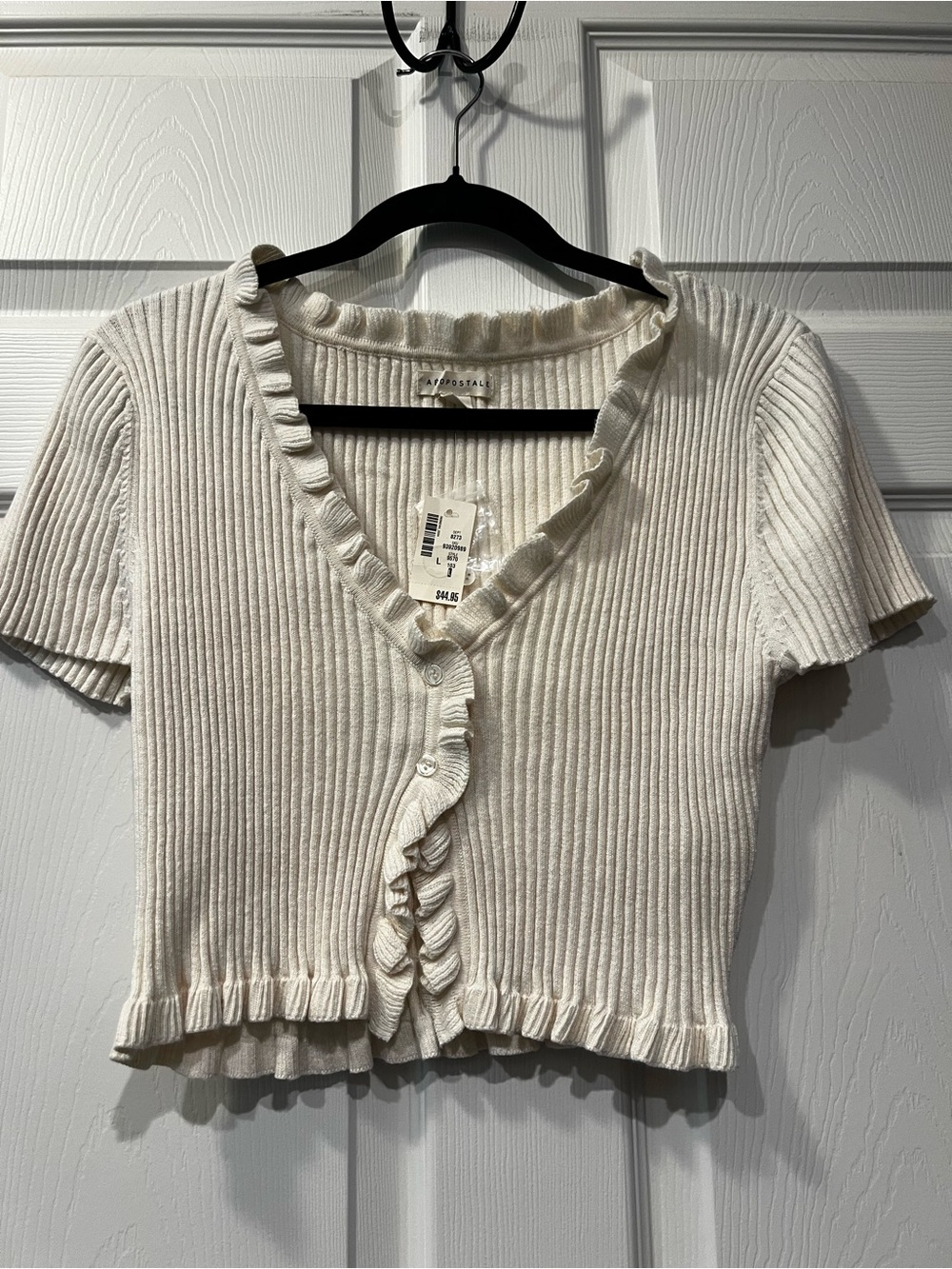 Aeropostale Cream Ruffled Rib-Knit Crop Cardigan